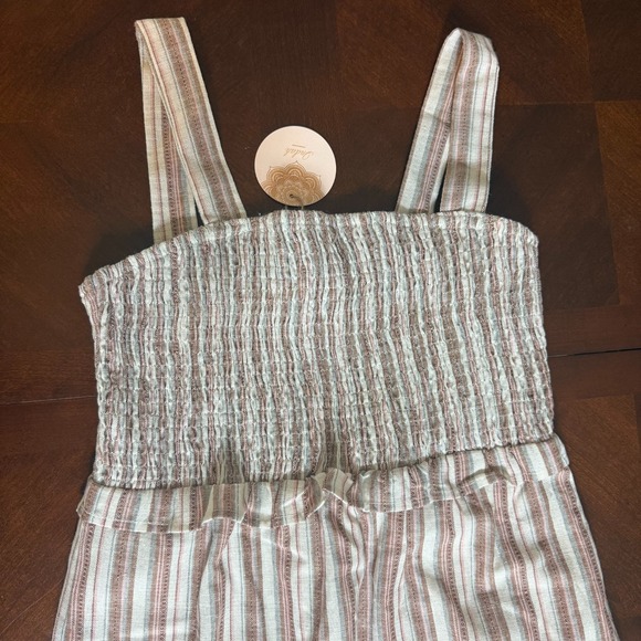 Lucca Linen‎ Cotton Striped Smocked Midi Dress Ruffle Hem Boho Cottagecore M - Picture 4 of 5